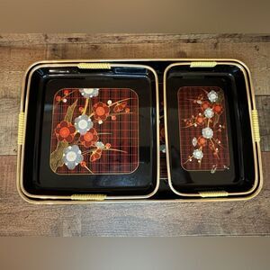 Vintage Toyo Japanese Nesting Trays Black Lacquer Ware Set 3 Gold Red Flowers